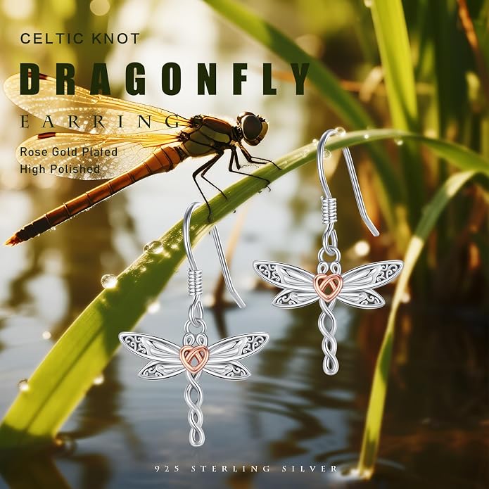 Dragonfly Leverback Hoop Hook Earrings 925 Sterling Silver Celtic Dangle Drop Earrings Dragonfly Huggie Earrings Dragonfly Jewelry Gifts for Women