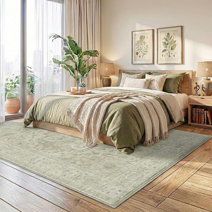 Homemate Washable Rug 5x7 Area Rugs - Vintage Faux Wool Rugs for Living Room Bedroom Dining Room - Non Slip Foldable Carpet Indoor Area Rug for Home Decor（5'x7', Green