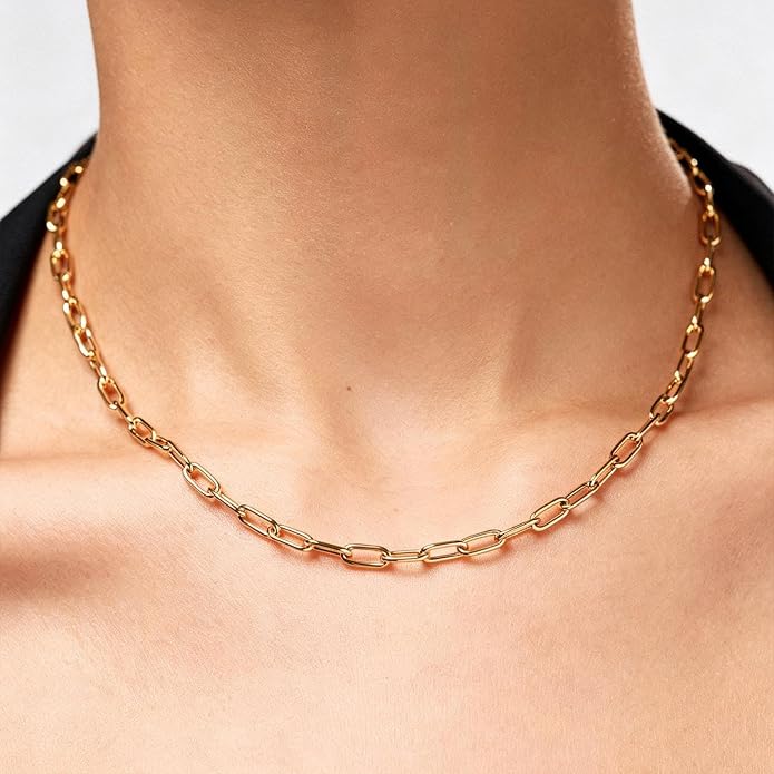 NOKMIT 14K Gold Filled Paperclip Necklace for Women Men, 3mm/4mm/5mm Rectangular Paper Clip Link Chain, 16-24 Inches, Hypoallergenic, Non-Tarnish, Dainty Unisex Jewelry, Cadenas de Oro 14K para Mujer