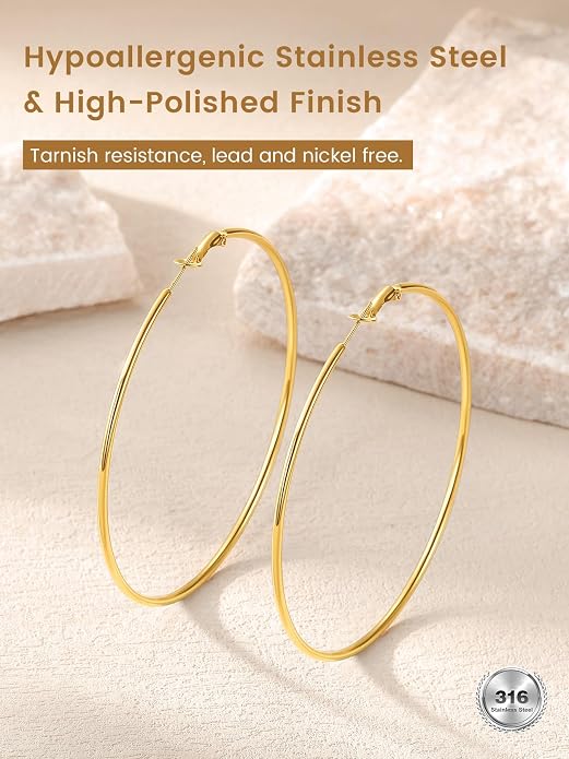 KeyStyle Gold Hoop Earrings for Women, Stainless Steel Hoops Earring Lightweight Loops, 2 mm Thick Hypoallergenic Circle Endless Thin Hoop (20/30/40/50/60/70/80/90/mm)