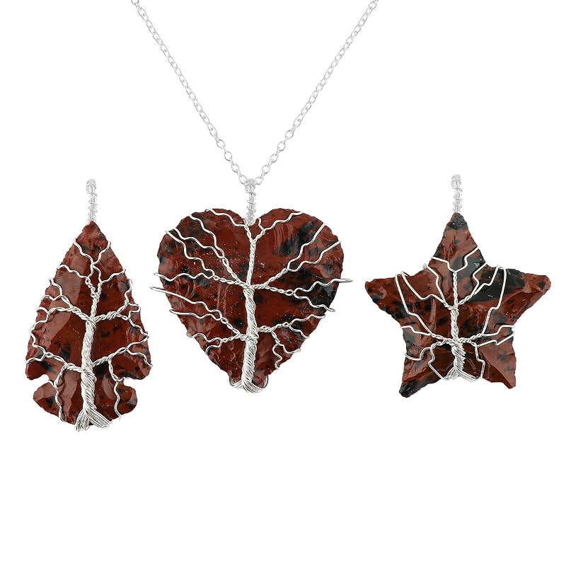 Tree of Life Craft - Raw Mahogany Obsidian Rough Crystals Pendant Necklace, Heart & Star & Arrow Shapes, Wire Wrapping, Women Jewelry with Dainty Silver Plated Chain 18 inch (3pcs)