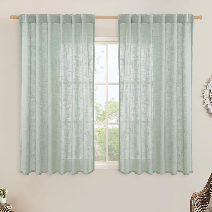 LAMIT Light Sage Linen Curtains 45 Inches Long for Bedroom, Light Filtering Panels Back Tab and Rod Pocket Neutral Drapes for Kitchen/Window/Loft Room, 52 x 45 Inch, 2 Panels