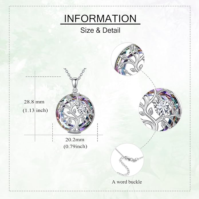 Tree Of Life Birthstone Necklace 925 Sterling Silver Crystal Family Tree Pendant Necklaces Heart Birthstone Jewelry For Women Female Anniversary Birthday Gifts