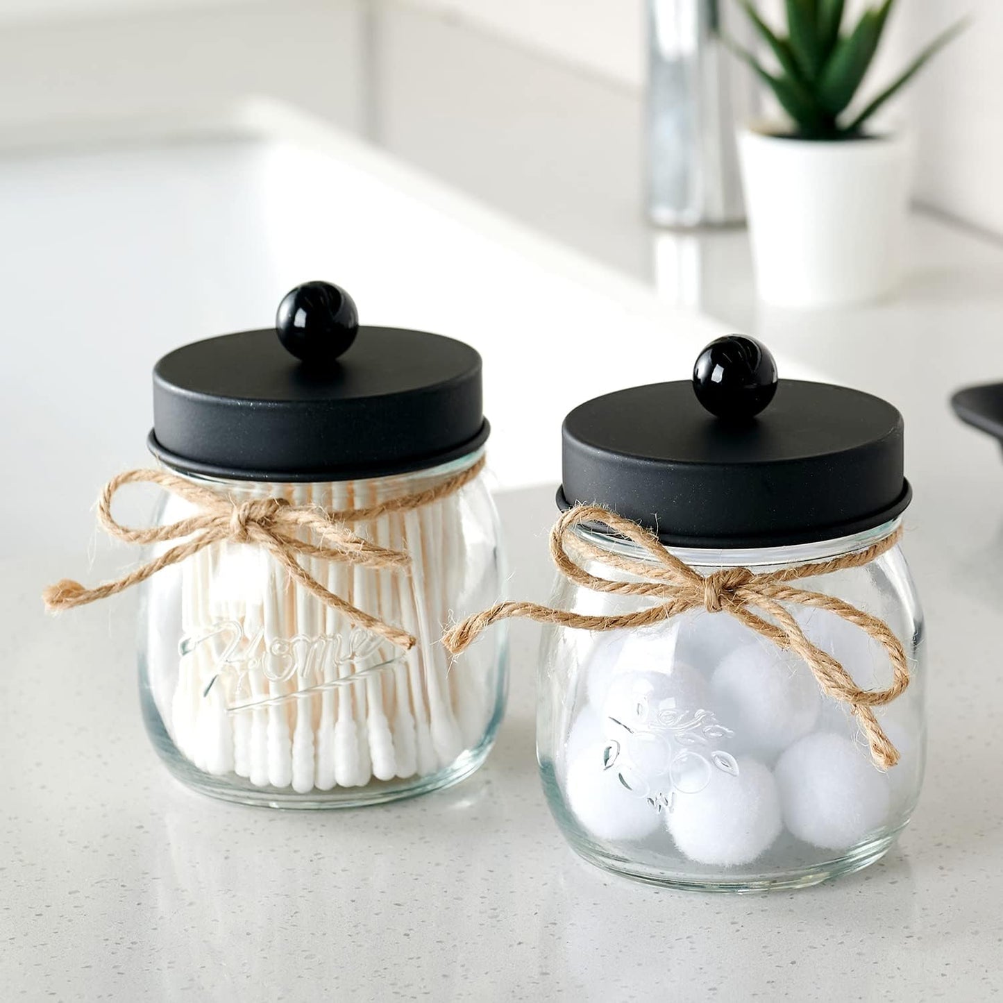 SheeChung 2 Pack Qtip Holders, Black Bathroom Decor, Cotton Swab Holders, Bathroom Jars, Restroom Decor for Cotton Balls, Pads, Floss Picks - Black