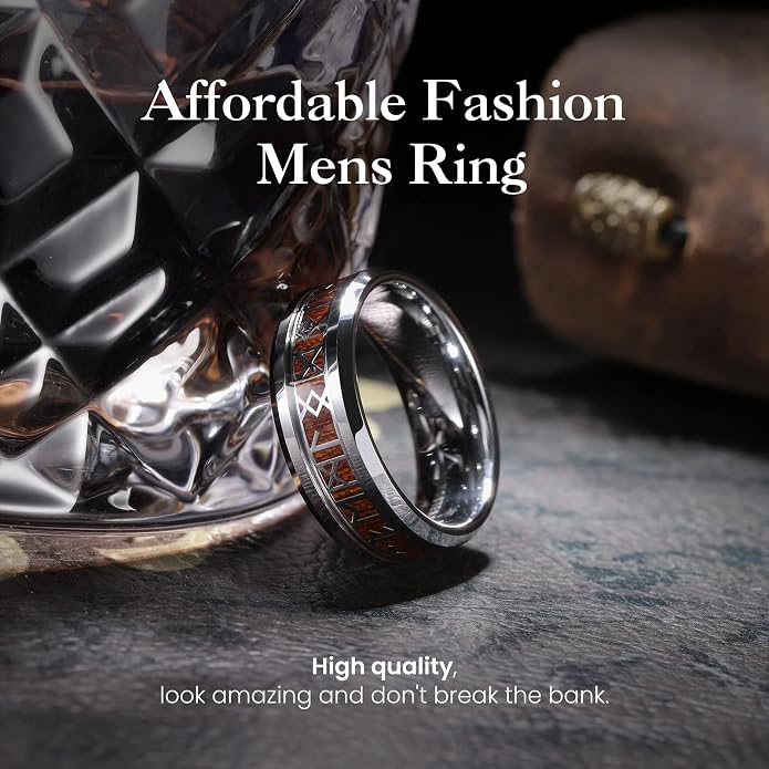 King Will Tungsten Carbide Wedding Band for Men - 8mm Black/Silver/Gold Plated with Norse Viking Rune & Hawaii Koa Wood Inlay Mens Ring, Polished Beveled Edge for Daily Wear, Comfort Fit Size 7-14