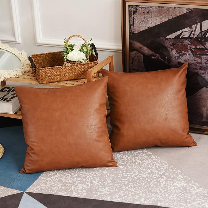 Tosewever Faux Leather Throw Pillow Covers, 16 x 16 inch Set of 2 Luxury Cognac Brown Modern Pillowcases Solid Decorative Square Cushion Cases for Bedroom Living Room Couch Bed Sofa (Brown, 16" x 16")