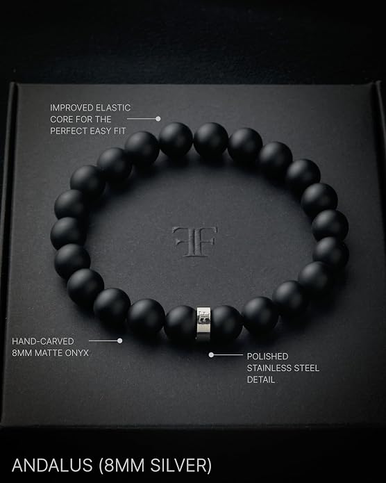 Forge & Foundry Men’s Matte Black Solid Onyx Beaded Bracelet | 10mm, 8mm, 6mm Bead Size Options | Signature Stainless Steel Engraved Bead | Andalus