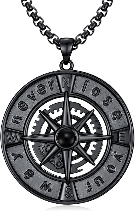 POIUY Graduation Gifts for Men, Compass Necklace, 18k White & Black Gold Plated - Compass Pendant, Graduation Jewelry, Anniversary Birthday Gift for Graduates College Students Son Brother Him
