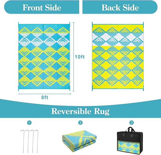 Beeiva Outdoor Rug 8x10 Waterproof for Patio, Reversible Outdoor Patio Rug for Backyard, Deck, Blue Yellow