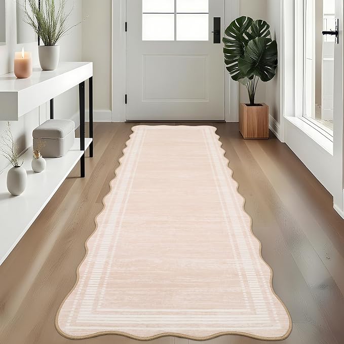 Garvee Washable 2x6 Bathroom Rug Runners Kitchen Rug Hallway Runner Rugs Non Slip Low Pile Faux Wool Scalloped Rugs, Modern Solid Color Carpet for Bedroom Entryway Laundry Foyer,Natural Ivory