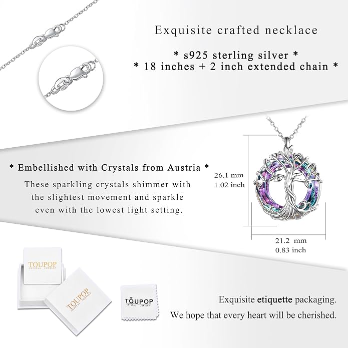TOUPOP Tree of Life Necklace Gifts for Women 925 Sterling Silver Family Tree Pendant with Crystal Birthday Irish Jewelry Gifts for Women Her Wife Mom