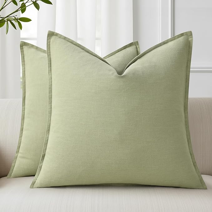 decorUhome Fall Sage Green Linen Throw Pillow Covers 26x26 Set of 2 | Decorative Soft Cozy Modern Farmhouse Boho Accent Pillow Cases with Flange Edges for Couch Bed Sofa Living Room Home Decor