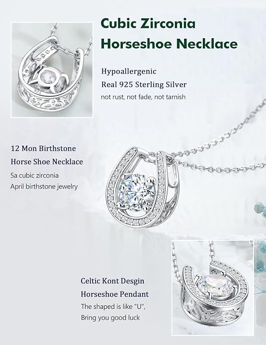 925 Sterling Silver Horseshoe Necklace for Women Round Gemstone Birthstone Necklace Sapphire/Emerald/Ruby/CZ Horse Shoe Pendant Necklaces Jewelry Gift