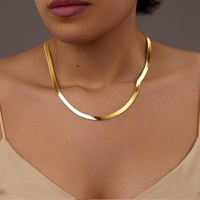 WomenGifts 14K Gold Silver Plated Herringbone Necklace for Women, Dainty Snake Chain Choker, Trendy Simple Long Layered Jewelry Non Tarnish, 3/4/5/8mm,14,16,18,20,22,24,26 Inch Thin & Chunky Options