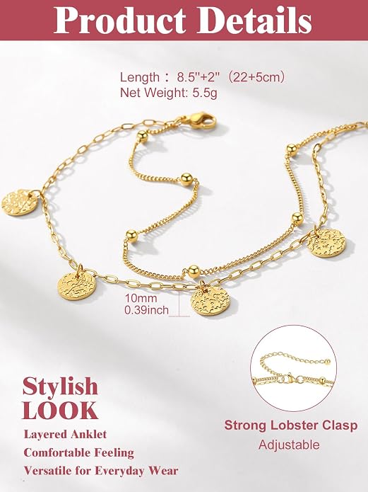 FOCALOOK 14K Gold Plated Anklets for Women Waterproof Plus Size Ankle Bracelet 8.5-10.5 Inch Adjustable Mariner/Figaro/Flat Snake/Cuban Link Chain Anklet Jewelry for Summer Beach Holiday