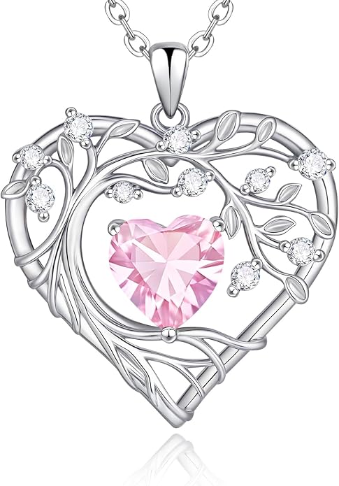 Tree of Life Birthstone Pendant Necklace - 925 Sterling Silver Heart Cubic Zirconia Diamond Women Pendant Necklaces for Her Daughter Girlfriend Birthday Gift Ideas for Wife Mom for Valentines Day