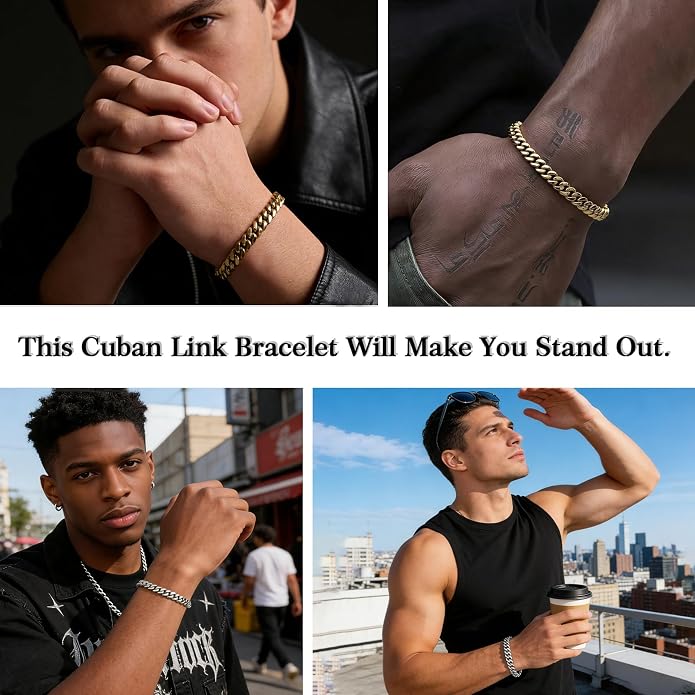 Saintda 8mm Miami Cuban Link Bracelet for Men - 18K Real Gold Plated 316L Stainless Steel Chain - Non-Tarnish Hypoallergenic Curb Link Bracelet Jewelry Gift for Him, 7/8/9 Inch