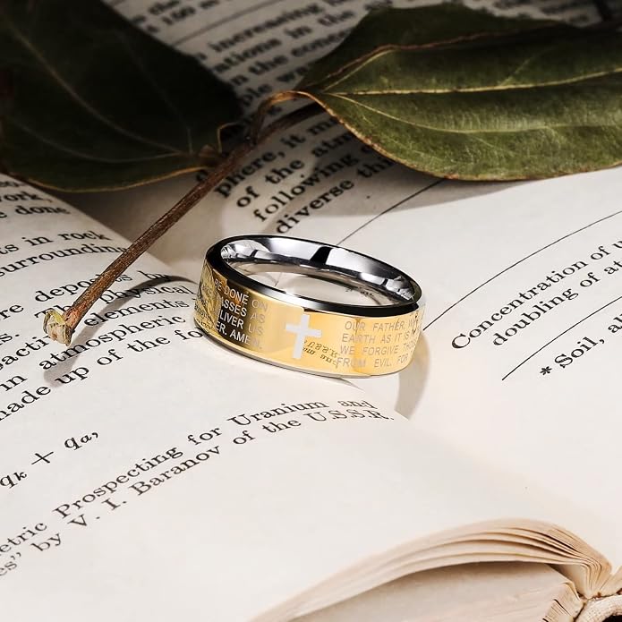 King Will Stainless Steel Men Ring Lord's Prayer Cross Ring Stainless Steel Men Wedding Ring, Wedding Band Bible Engraved Rings High Polished, Comfort Fit