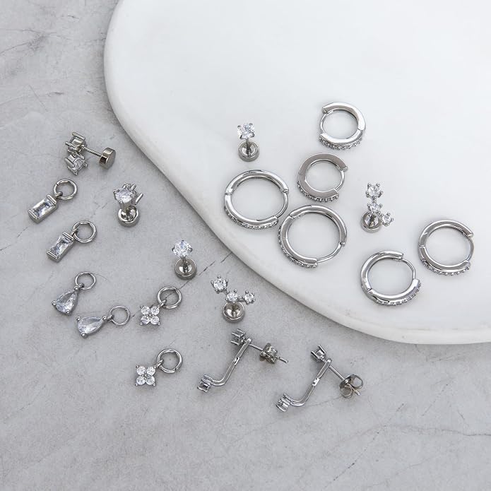 Stainless Steel Stud Earrings Set for Women Hypoallergenic Flat Back Cartilage Earrings Screw Back Huggie Hoop Earrings Multiple Piercing Cubic Zirconia Helix Tragus Jewelry