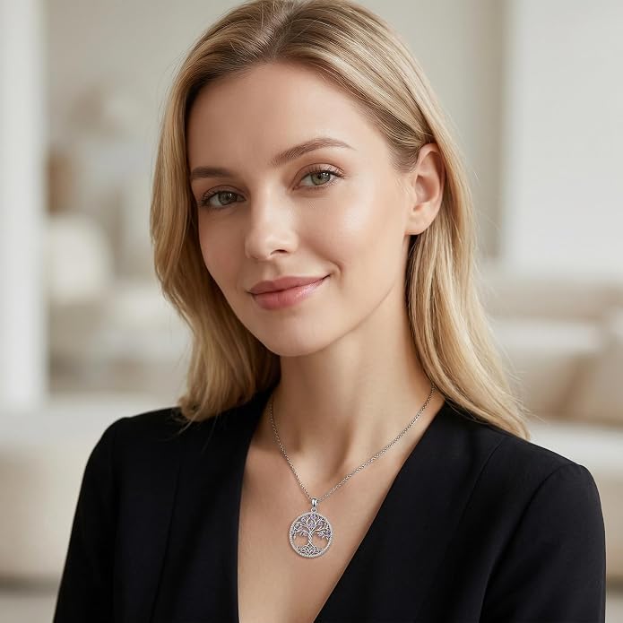 ONEFINITY Tree of Life Necklace 18k White Gold Plated Tree of Life Birthstone Pendant Necklace Birthstone Jewelry Anniversary Birthday Gifts for Women Men
