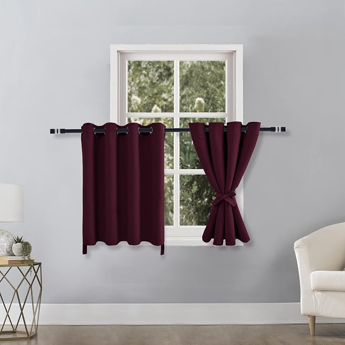 Hiasan RV Blackout Curtains for Bedroom, 52 x 30 Inches Long - Thermal Insulated & Light Blocking Window Curtains for Living Room Christmas Decor, 2 Drape Panels Sewn with Tiebacks, Burgundy