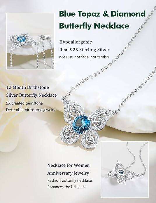 925 Sterling Silver Birthstone Necklaces for Women, Dainty Cute Dragonfly/Butterfly Pendant Necklace, Great Christmas/Anniversary Jewelry for Mother