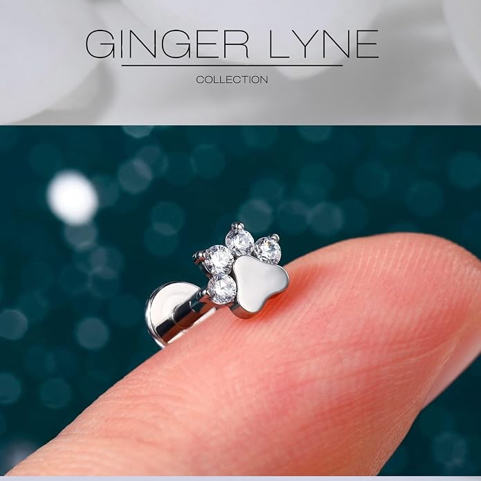 Paw Print Threaded Flat Back Earrings Set by Ginger Lyne – 14K Gold over Sterling Silver – CZ Body Jewelry – Cartilage Helix Lobe Tragus Studs or Nose Piercing – 2 Piece Set