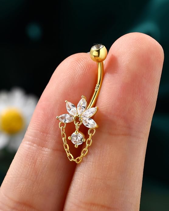 COCHARM Lotus 14K Gold Plated Belly Button Rings 925 Sterling Silver Belly Button Ring Dangle Navel Piercing Jewelry 10MM