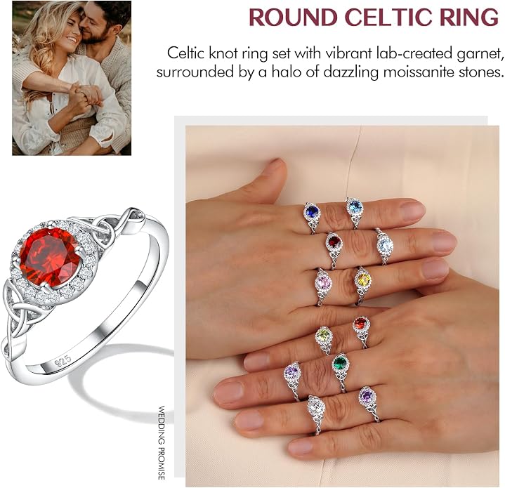 DAYBYDAY Celtic Birthstone Rings for Women 925 Sterling Silver Heart/Round/Pear/Oval Created Gemstone Moissanite Halo Engagement Promise Rings for Her Wife Birthday Anniversary Wedding Jewelry