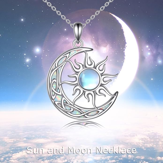 Sun and Moon Necklace for Women 925 Sterling Silver Celtic Crescent Moon Pendant Blue Opal/White Opal/Abelone Shell/Labradorite/Moonstone Jewelry Gift for Teen Girls