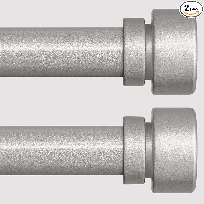 Lootkell 2 Pack Modern Silver Curtain Rods Set for Windows 28 to 48 Inches Adjustable Length Heavy Duty 1" Diameter Window Curtain Rod with Decorative Finials for Outdoor Bedroom Kitchen Living Room