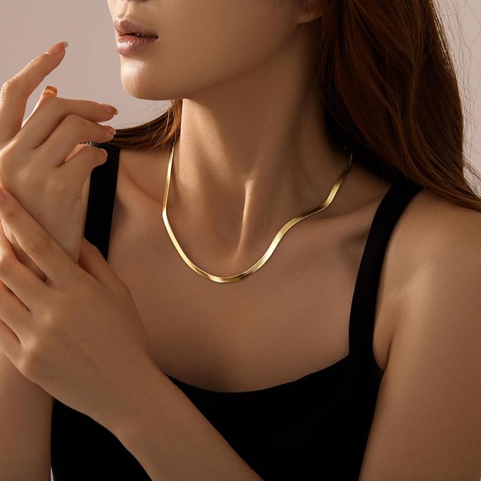 WomenGifts 14K Gold Silver Plated Herringbone Necklace for Women, Dainty Snake Chain Choker, Trendy Simple Long Layered Jewelry Non Tarnish, 3/4/5/8mm,14,16,18,20,22,24,26 Inch Thin & Chunky Options