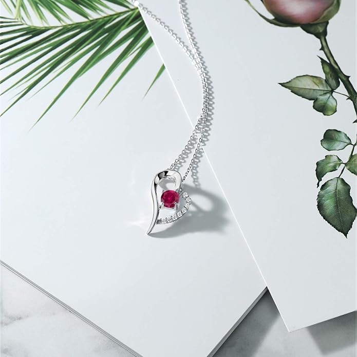 Gem Stone King Heart Shape Pendant Necklace For Women | 925 Sterling Silver | 6MM Round Gemstone Birthstone | Heart Necklace For Women | With 18 Inch Silver Chain
