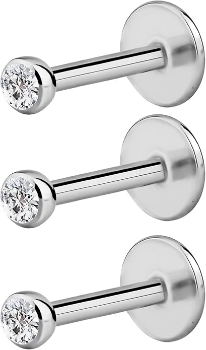 Forbidden Body Jewelry Surgical Steel Earrings Internally Threaded Micro CZ Gem Top Tragus/Helix/Labret Stud with 2mm Top 18G (4mm-10mm)