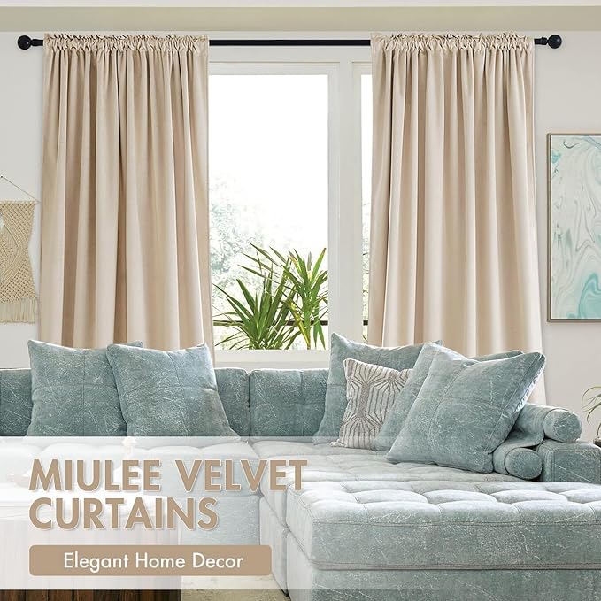 MIULEE Beige Blackout Velvet Curtains Drapes 96 Inch Long 52"x96" Bedroom | Luxurious Bedroom Living Room Decor, Room Darkening, Thermal Insulated, Rod Pocket Design, Super Soft Fabric