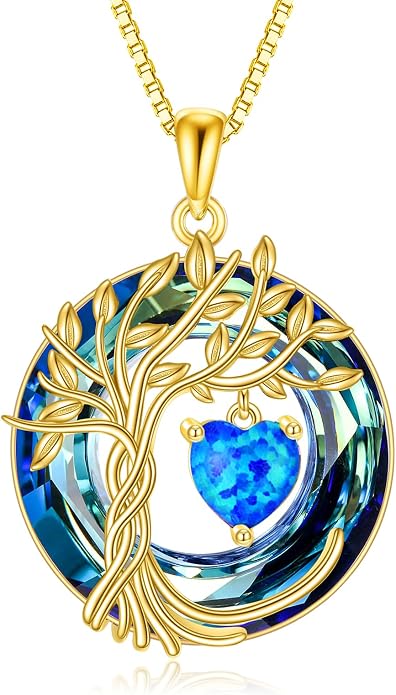 POPLYKE Mothers Day Gifts for Mom Her Wife Tree of Life Necklace 925 Sterling Silver Birthstone Pendant with Crystal Anniversary Birthday Wedding Jewelry for Women