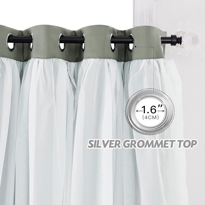 PONY DANCE Blackout Curtains for Living Room Decor Window Treatment Double Layer Drapes Ruffle Sheer Overlay Farmhouse Rustic Design, W 52 x L 63 Inches, Sage Green, 2 Panels
