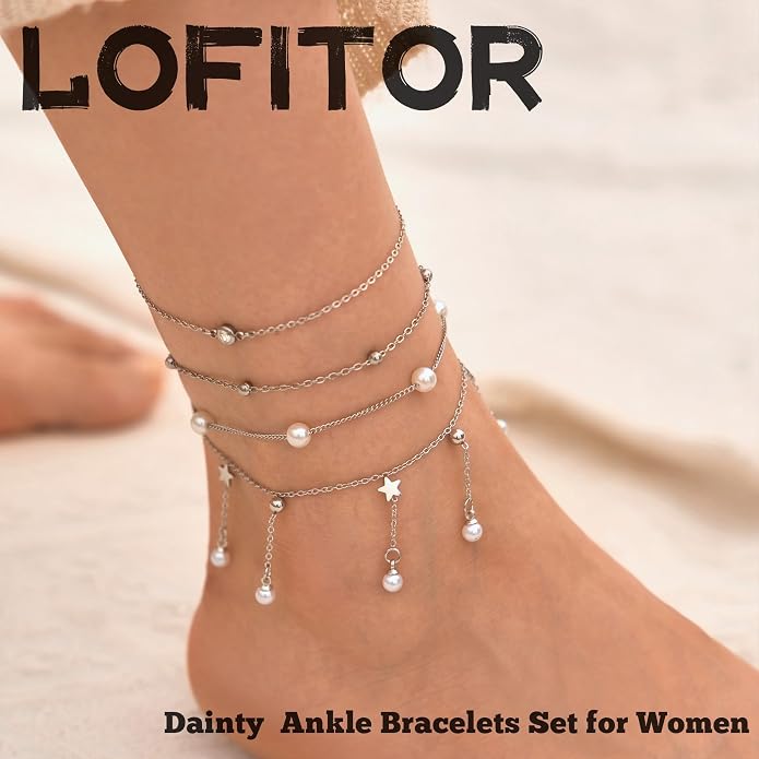 LOFITOR Ankle Bracelets for Women Glitter Waterproof Adjustable Anklet Set for Women 18K Gold Plated Silver Charm Dainty Layered Anklets, Summer Beach Anklet Jewelry for Women