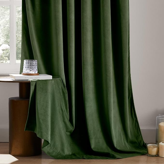 HOMEIDEAS 100% Blackout Olive Green Velvet Curtains, Thermal Insulated Luxury Vintage Winter Christmas Velvet Drapes for Bedroom, Living Room, Home Decor, 52 x 84 Inch, 2 Panels