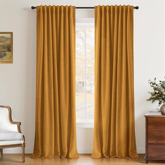 INOVADAY 100% Blackout Curtains 108 Inches Length 2 Panels Set, Back Tab/Rod Pocket Linen Black Out Curtains for Bedroom, Thermal Insulated Window Drapes - Dijon Mustard, W50 X L108
