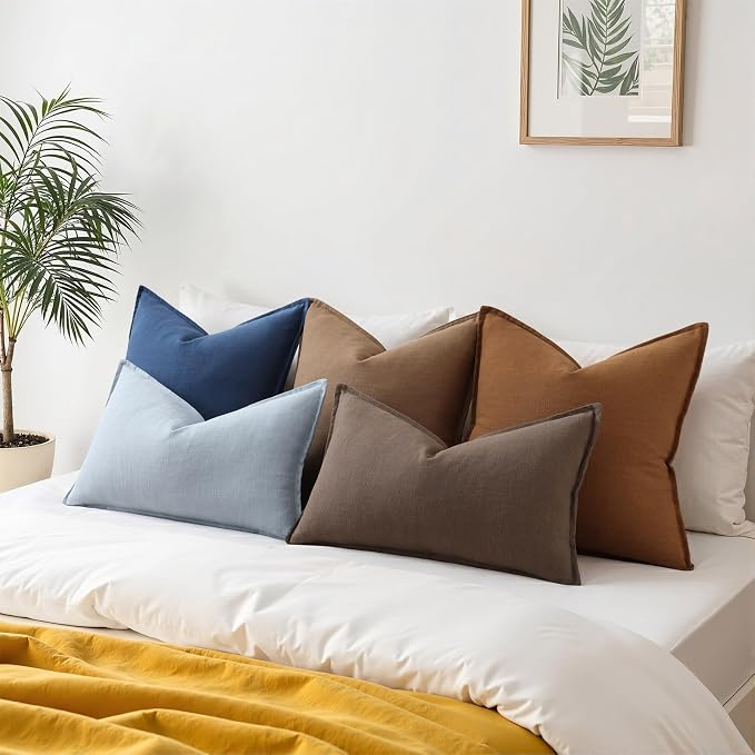 decorUhome Fall Blue Linen Throw Pillow Covers 20x20 Set of 2 | Decorative Soft Cozy Modern Farmhouse Boho Accent Pillow Cases with Flange Edges for Couch Bed Sofa Living Room Home Decor