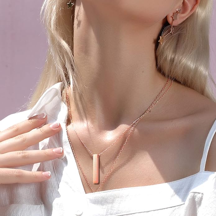 U7 Engravable Bar Necklace, Womens Choker Necklace Stainless Steel Custom Engrave Text Horizontal/Vertical Bar Pendant Necklaces for Men Women