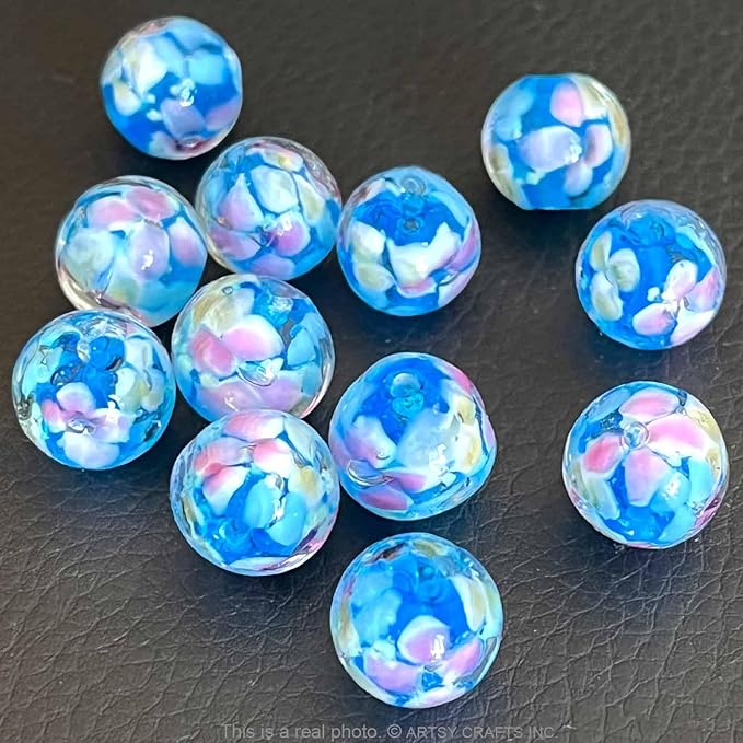 Artsy Crafts 12 Pcs Lily Flower Glow in The Dark Firefly Beads, 12mm European Lampwork Luminous Glass Beads for Jewelry Making Charm Bracelet Necklace Earrings Crafts (Lily - Blue)