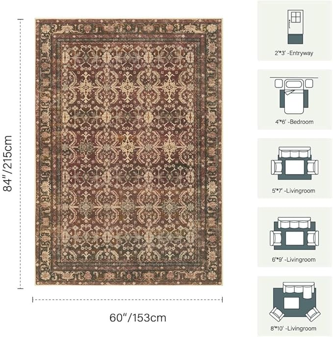 Rugxara Red Area Rugs 5x7 Washable Oriental Rug for Living Room Bedroom | Non Slip, Rug for Dining Room Office Farmhouse Dorm, Stain Resistant, Soft, Vintage Boho Retro Carpet, Low Pile, Home Decor