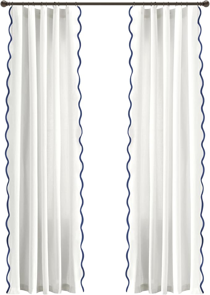 Lush Decor Coastal Chic Scalloped Edge Light Filtering Window Curtain Panels Pair, 52" W x 84" L, Navy & White - White Curtains for Living Room - Coastal Decor