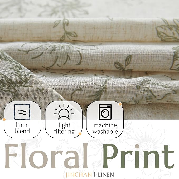 jinchan Floral Linen Curtains Lined 108 Inch Farmhouse Back Tab 2 Panels | Privacy lining, light filtering drapes, vintage, cottagecore, french country, rustic, bedroom, living room, window treatment