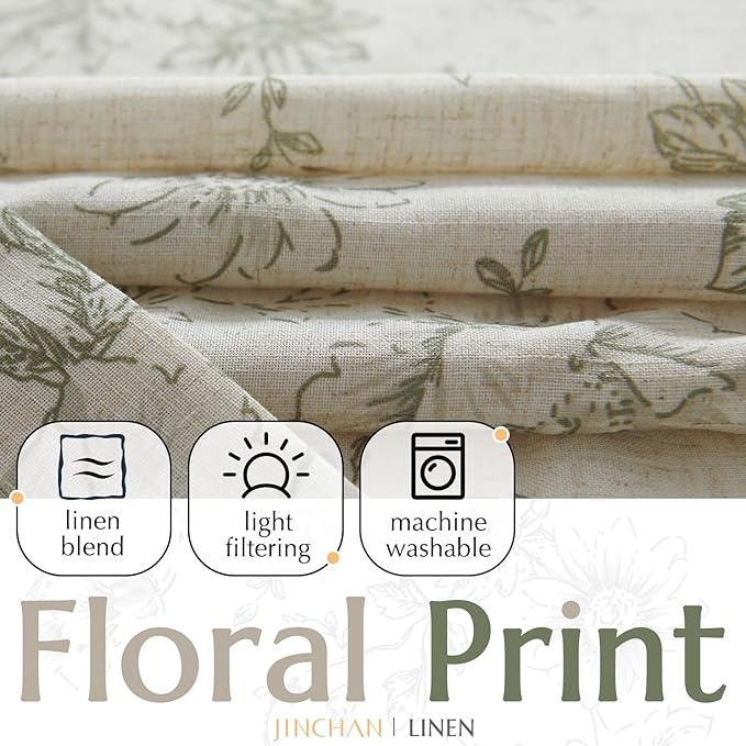 jinchan Green Floral Linen Curtains Lined 84 Inch Vintage Back Tab 2 Panels | Privacy lining, light filtering drapes, vintage, cottagecore, french country, rustic, bedroom, living room, window treatment