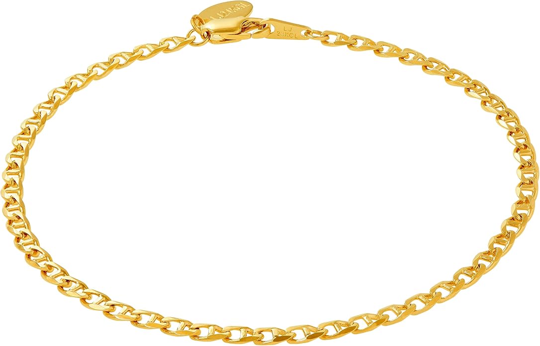 LIFETIME JEWELRY Womens Gold Anklet 3mm Mariner Link Chain Ankle Bracelet 24k Gold Plated