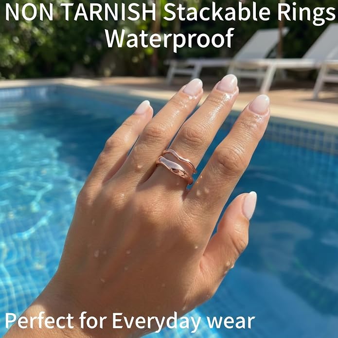Gold Rings for Women Men Non Tarnish, Waterproof Chunky 14K Gold Plated Dainty Stackable Rings Trendy Statement Pinky Thumb Rings Engagement Eternity Wedding Band Ring Stacking Gold Jewelry Size 3 4 5 6 7 8 9 10 11