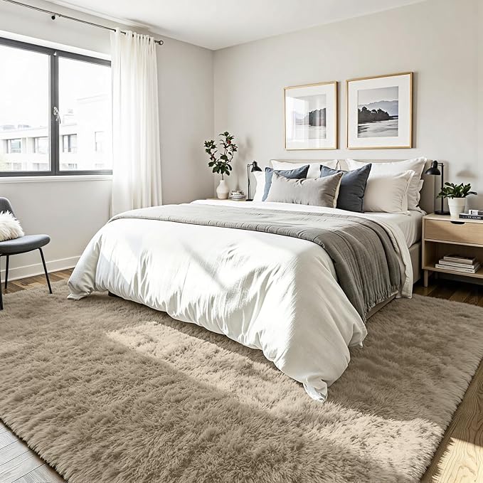 5x7 Area Rug for Living Room, Ultra Soft Fluffy Grey Camel Rugs for Bedroom, Non Slip Large Shag Carpet, Fuzzy Plush Nursery Rug, Thick Washable Indoor Floor Carpets for Kids Office Dorm Home Decor